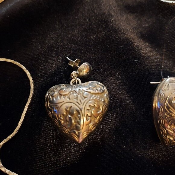 Heart Pendant 80's Tooled Puffed Pewter Silver Color Necklace & Earrings - Picture 7 of 12